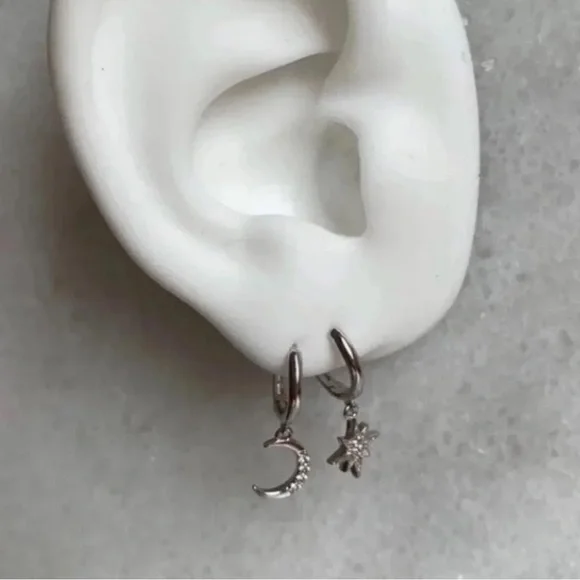 COPY - Sterling Silver Crystal Moon Star Hoop Huggie Earrings - Picture 2 of 3